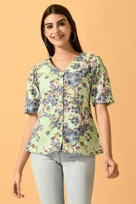 printed polyester v-neck women's top - lime green