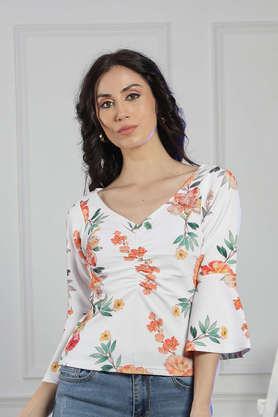 printed polyester v-neck women's top - white