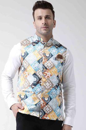 printed polyester viscose regular fit men's occasion wear nehru jacket - blue