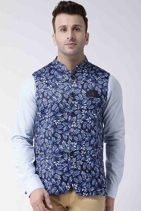 printed polyester viscose regular fit men's occasion wear nehru jacket - blue