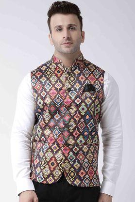 printed polyester viscose regular fit men's occasion wear nehru jacket - brown