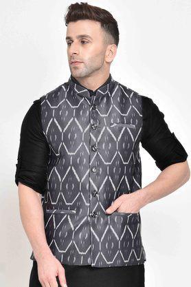 printed polyester viscose regular fit men's occasion wear nehru jacket - grey