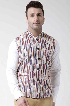 printed polyester viscose regular fit men's occasion wear nehru jacket - natural