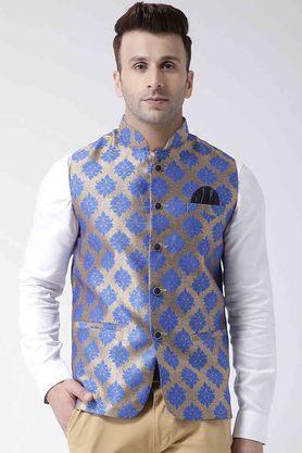 printed polyester viscose regular fit men's occasion wear nehru jacket - yellow