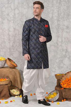 printed polyester viscose regular fit men's sherwani with pyjama - grey