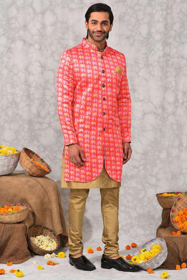 printed polyester viscose regular fit mens kurta _ pyjama set with jacket