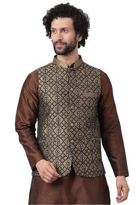 printed polyester viscose regular fit mens nehru jacket - brown
