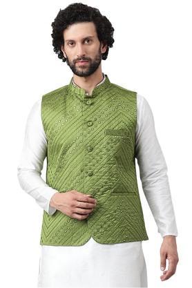 printed polyester viscose regular fit mens nehru jacket - green