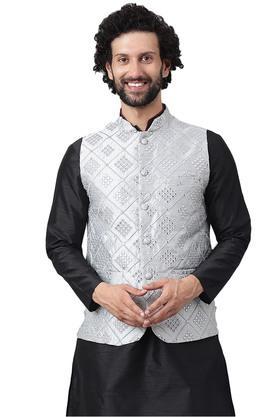 printed polyester viscose regular fit mens nehru jacket - grey