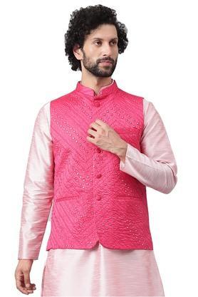 printed polyester viscose regular fit mens nehru jacket - pink