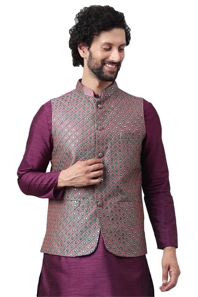 printed polyester viscose regular fit mens nehru jacket