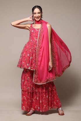 printed polyester woven women's kurta garara set - fuschia