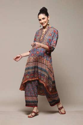 printed polyester woven women's kurta pant set - blue