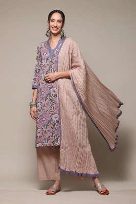 printed polyester woven women's salwar kurta dupatta set - natural