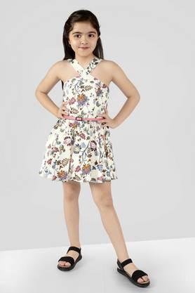 printed polyester y-neck girls dress - off white