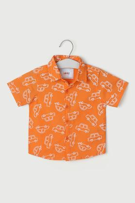 printed poplin collared infant boys shirt - orange