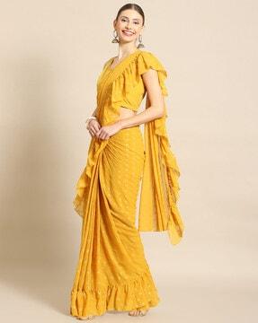 printed pre-stitched saree with ruffled detail