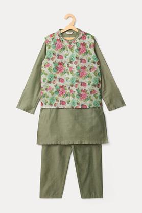 printed pst mandarin boys kurta pyjama jacket set - green