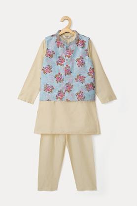 printed pst mandarin boys kurta pyjama jacket set - yellow