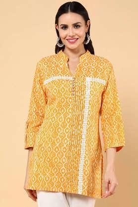 printed pure cotton mandarin women's kurti - cokeley mustard