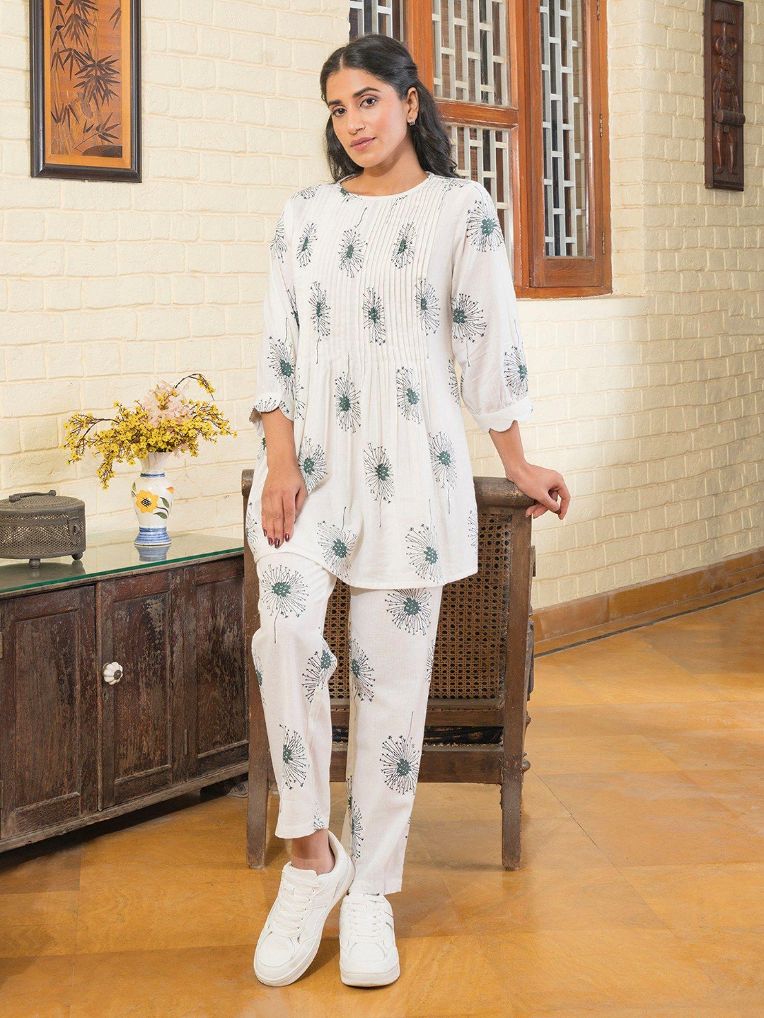 printed pure cotton round neck night suit white (set of 2)