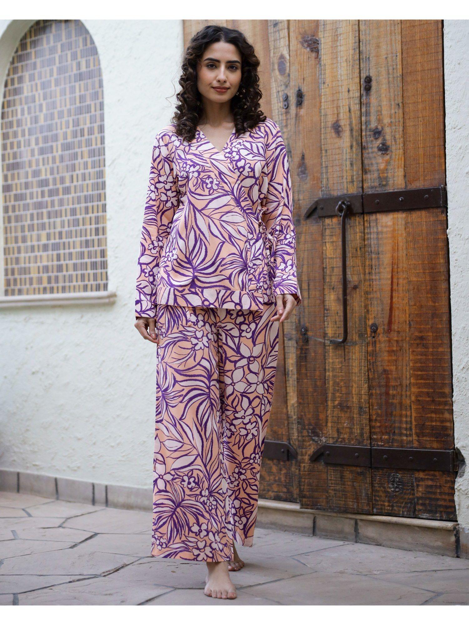 printed pure cotton v-neck night suit multi-color (set of 2)