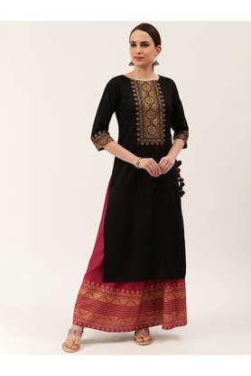printed rayon boat neck women's skirt kurta dupatta set - black