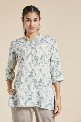 printed rayon chinese collar women's tunic - off white