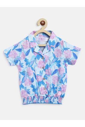 printed rayon collar neck girls top - blue