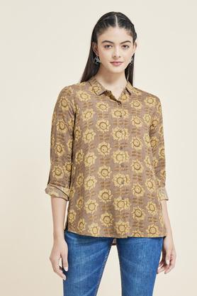 printed rayon collar neck women's casual wear tunic - brown