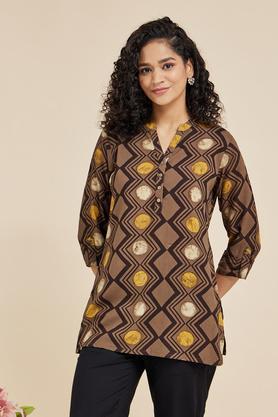 printed rayon collar neck women's casual wear tunic - brown