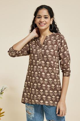 printed rayon collar neck women's casual wear tunic - brown