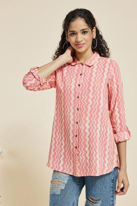 printed rayon collar neck women's casual wear tunic - pink