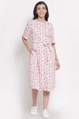 printed rayon collar neck women's knee length dress - pink