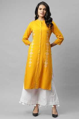 printed rayon collar neck women's kurta - mustard