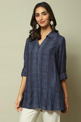 printed rayon collar neck women's kurti - indigo