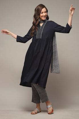 printed rayon collar neck women's salwar kurta dupatta set - black