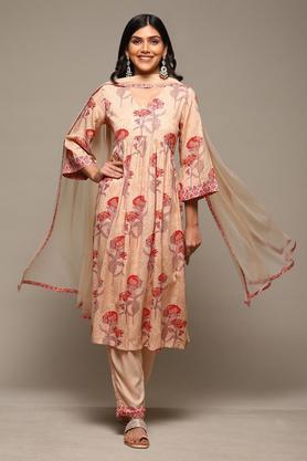 printed rayon collar neck women's salwar kurta dupatta set - natural
