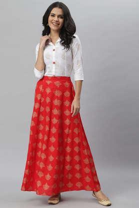 printed rayon collar neck women's skirt kurta dupatta set - off white