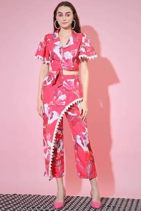 printed rayon collar neck women's top & trouser set - pink
