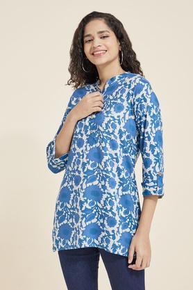 printed rayon collar neck womens casual wear tunic - blue