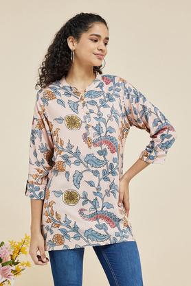 printed rayon collar neck womens casual wear tunic - natural