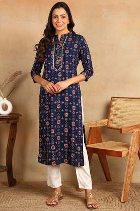 printed rayon collared women's straight kurta - blue