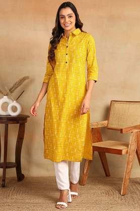 printed rayon collared women's straight kurta - yellow