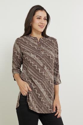 printed rayon collared women's tunic - brown