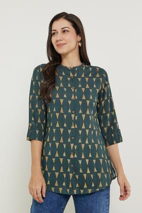 printed rayon collared women's tunic - green