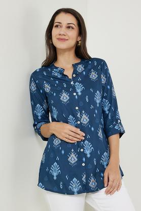 printed rayon collared women's tunic - indigo