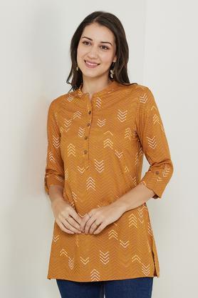 printed rayon collared women's tunic - mustard