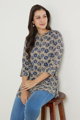 printed rayon collared women's tunic - natural