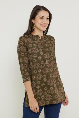 printed rayon collared women's tunic - olive